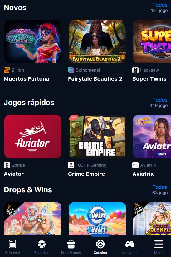 Aplicativo móvel 1Win no Android
