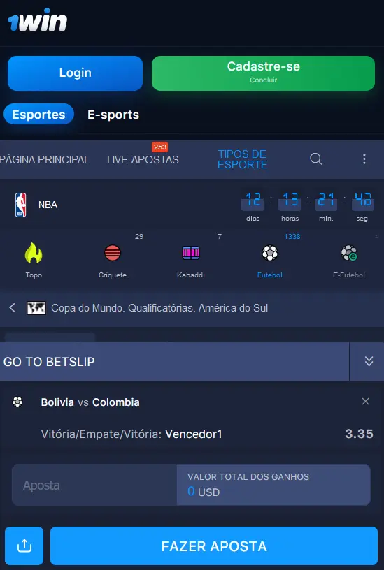 Apostas por meio do aplicativo móvel 1Win