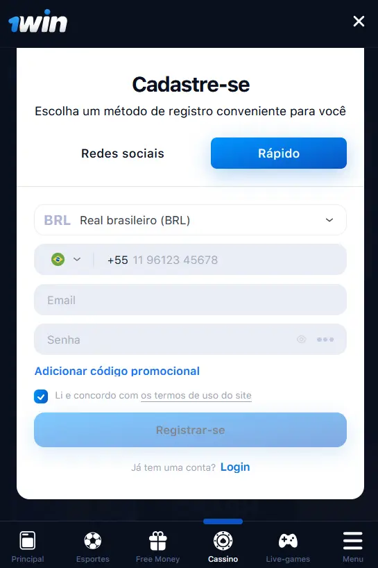 Criação de uma conta no aplicativo móvel 1Win para Android