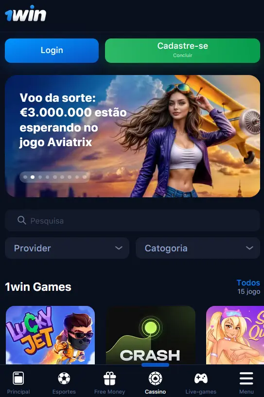 Seções disponíveis no aplicativo móvel 1Win