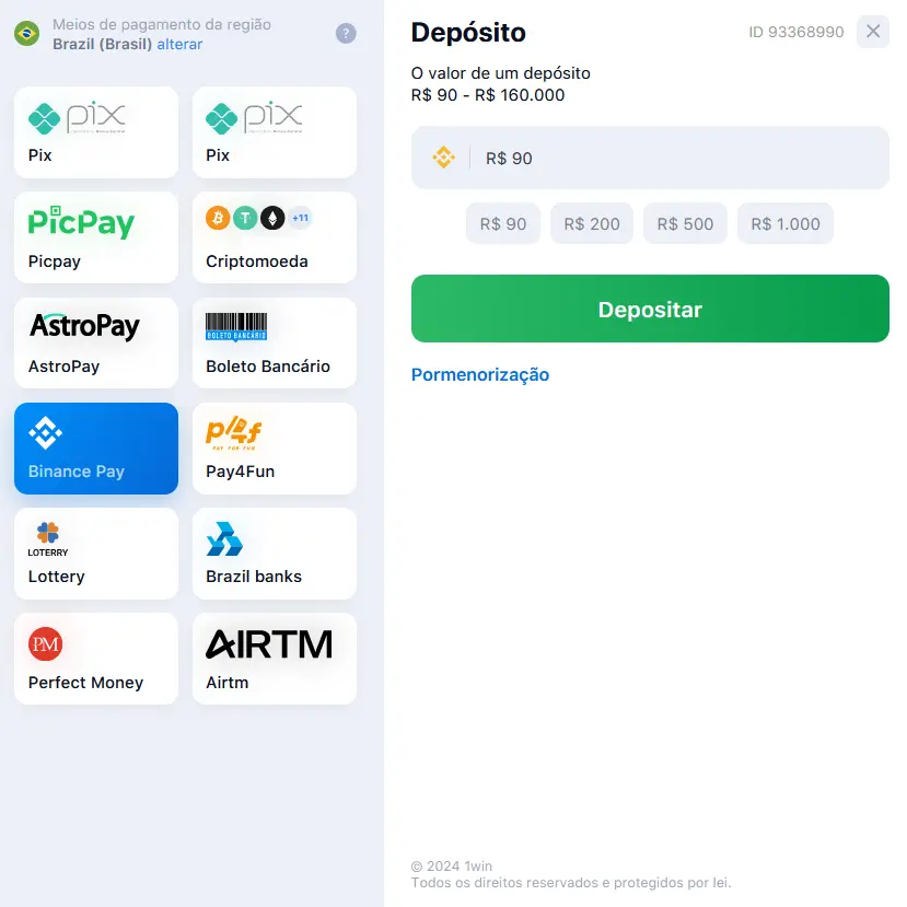 Métodos e limites de depósito e saque disponíveis no 1Win