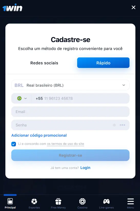 Registro via aplicativo móvel no 1Win